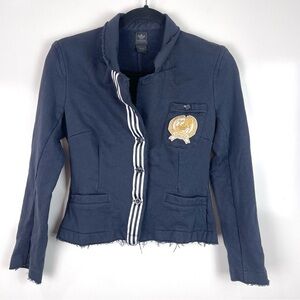 Vintage Adidas Logo Crest Blazer Jacket Navy Blue Women's Size Small Distressed